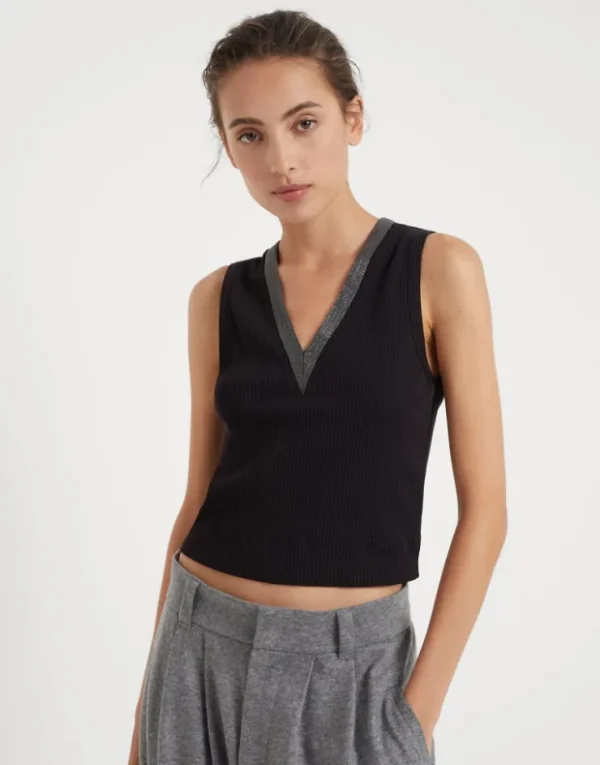 Brunello Cucinelli Cropped-Top aus geripptem Stretch-Baumwolljersey mit Precious Neckline | Damen T-shirts & Tops