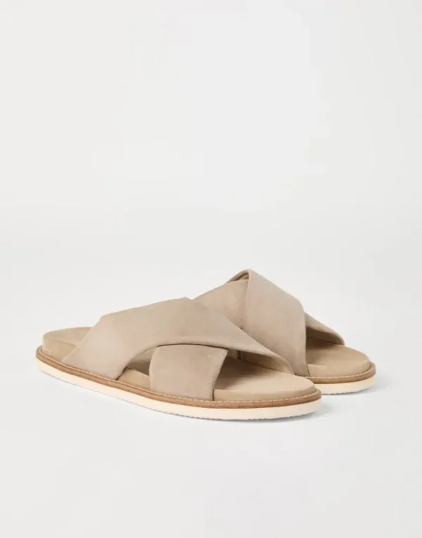 Brunello Cucinelli Crossover-Pantoletten aus gewaschenem Veloursleder | Herren Pantoletten & Flipflops