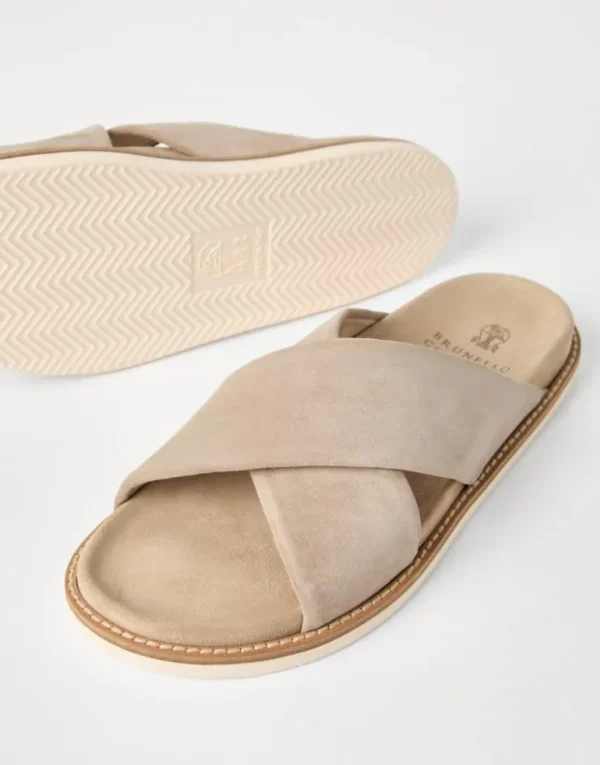 Brunello Cucinelli Crossover-Pantoletten aus gewaschenem Veloursleder | Herren Pantoletten & Flipflops