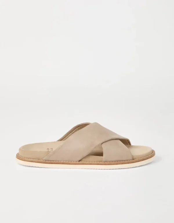 Brunello Cucinelli Crossover-Pantoletten aus gewaschenem Veloursleder | Herren Pantoletten & Flipflops