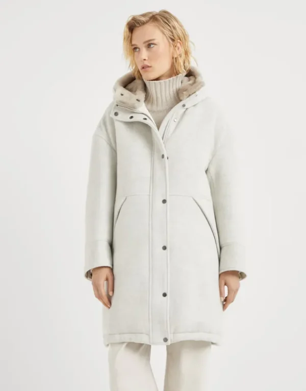 Brunello Cucinelli Daunenparka aus doppeltem Tuch in Schurwolle und Kaschmir mit abnehmbarem Besatz aus Shearling und Shiny Zipper Pull | Damen Mäntel & Jacken