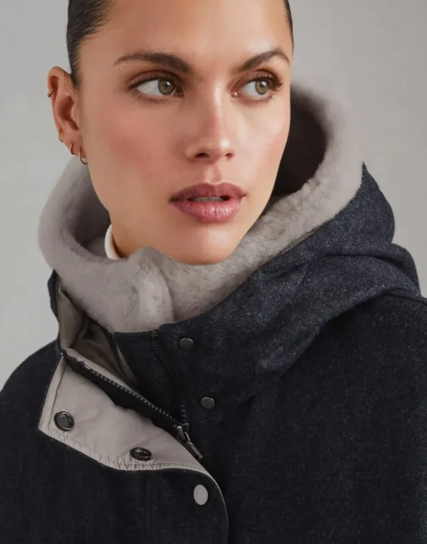 Brunello Cucinelli Daunenparka aus Schurwollflanell mit abnehmbarem Besatz aus Shearling und Shiny Zipper Pull | Damen Mäntel & Jacken