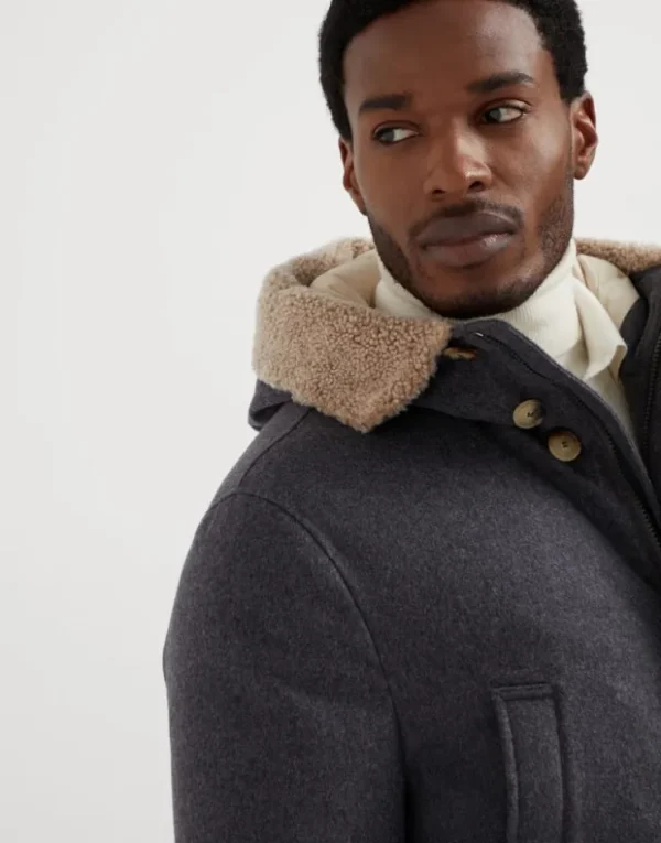 Brunello Cucinelli Daunenparka aus Wollflanell mit Membran mit Kapuze und Besatz aus Shearling | Herren Mäntel & Jacken