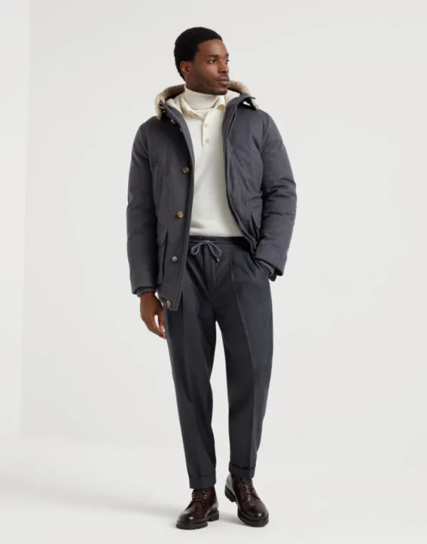 Brunello Cucinelli Daunenparka aus Wollflanell mit Membran mit Kapuze und Besatz aus Shearling | Herren Mäntel & Jacken