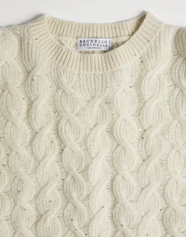 Brunello Cucinelli Dazzling & Sparkling-Pullover aus Kaschmir und Wolle in Zopfstrick | Kinder Strickwaren