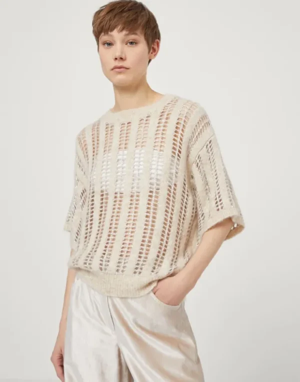 Brunello Cucinelli Dazzling Net-Pullover mit kurzen Ärmeln in Wolle und Mohair | Damen Strickwaren