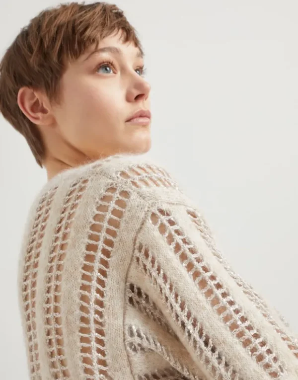 Brunello Cucinelli Dazzling Net-Pullover mit kurzen Ärmeln in Wolle und Mohair | Damen Strickwaren