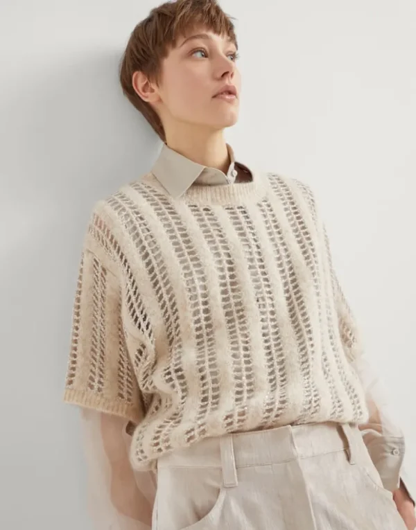 Brunello Cucinelli Dazzling Net-Pullover mit kurzen Ärmeln in Wolle und Mohair | Damen Strickwaren