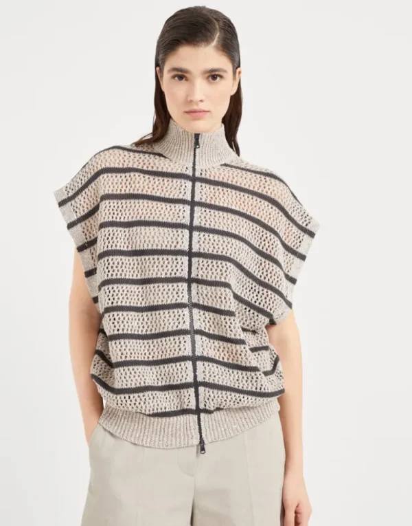 Brunello Cucinelli Dazzling Striped Net-Cardigan aus Leinen | Damen Strickwaren