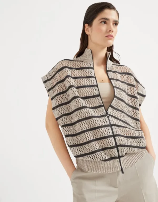 Brunello Cucinelli Dazzling Striped Net-Cardigan aus Leinen | Damen Strickwaren