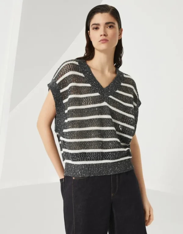 Brunello Cucinelli Dazzling Striped Net-T-Shirt aus Leinenstrick | Damen Strickwaren