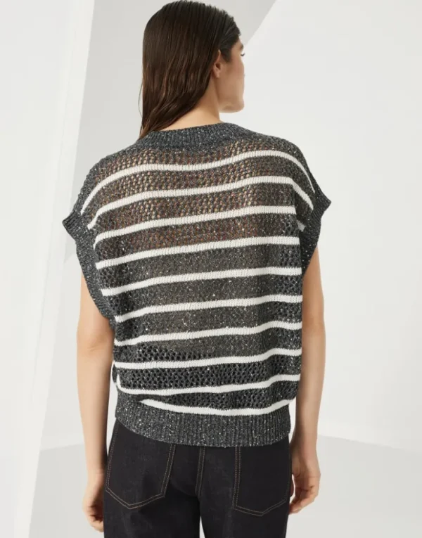 Brunello Cucinelli Dazzling Striped Net-T-Shirt aus Leinenstrick | Damen Strickwaren