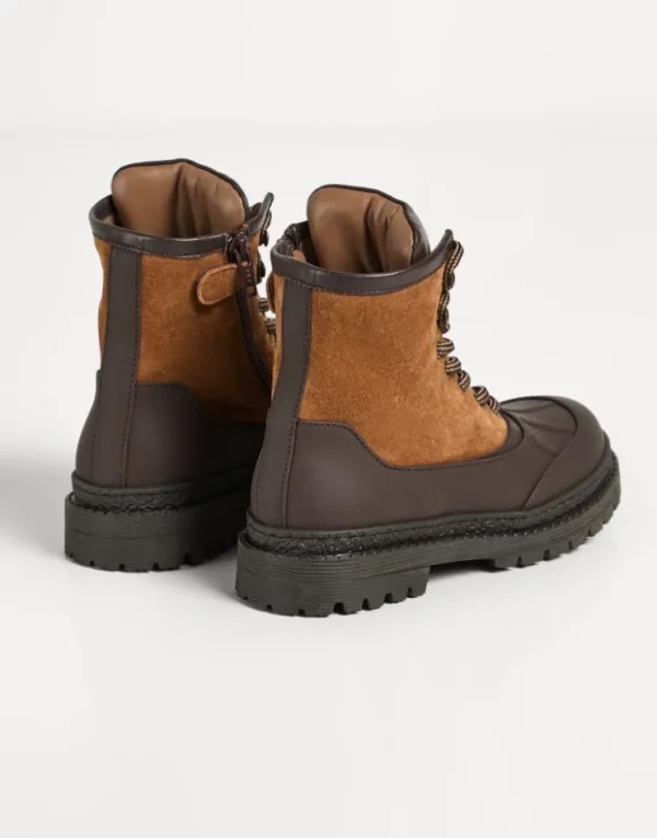 Brunello Cucinelli Duck Boots aus gewaschenem Veloursleder und gummiertem Kalbsleder mit Patch | Kinder Schuhe