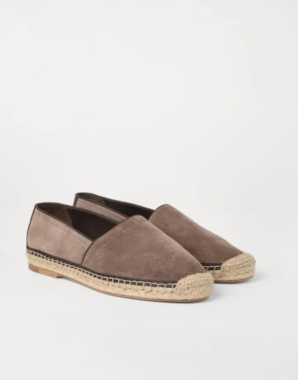 Brunello Cucinelli Espadrilles aus gewaschenem Veloursleder mit Kantenbesatz | Herren Pantoletten & Flipflops