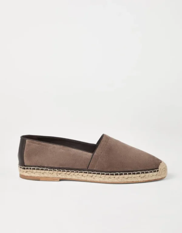 Brunello Cucinelli Espadrilles aus gewaschenem Veloursleder mit Kantenbesatz | Herren Pantoletten & Flipflops