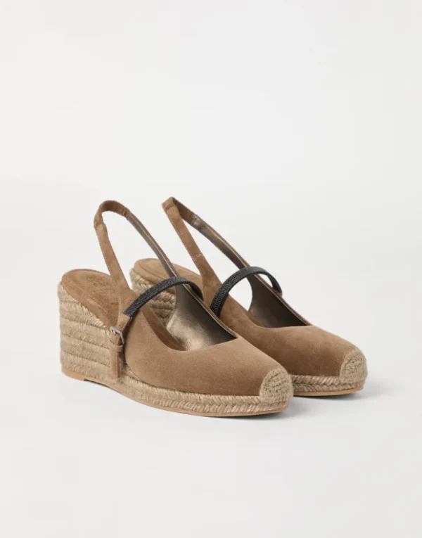 Brunello Cucinelli Espadrilles aus Veloursleder mit Keilabsatz und Precious Strap | Damen Schuhe Mit Absätzen