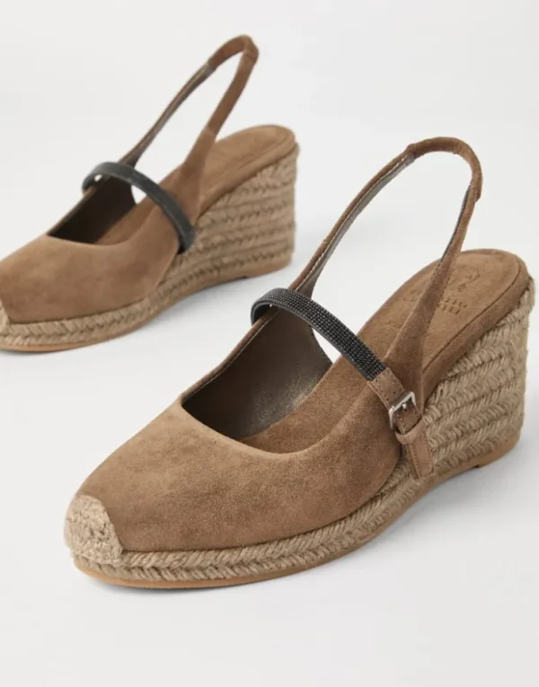 Brunello Cucinelli Espadrilles aus Veloursleder mit Keilabsatz und Precious Strap | Damen Schuhe Mit Absätzen