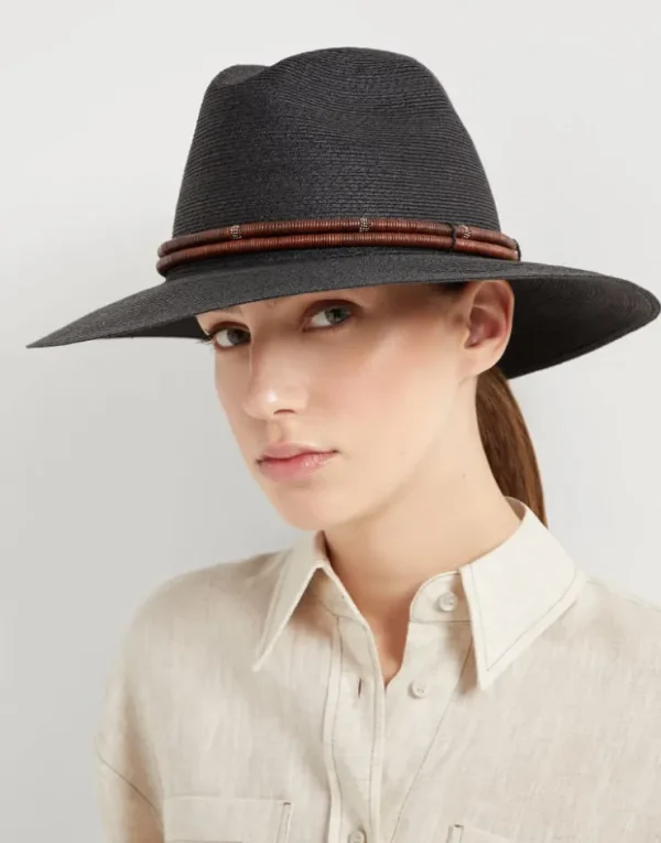 Brunello Cucinelli Fedora aus Techno-Hanf- und Baumwolle mit Hutband aus Leder und Monili | Damen Hüte