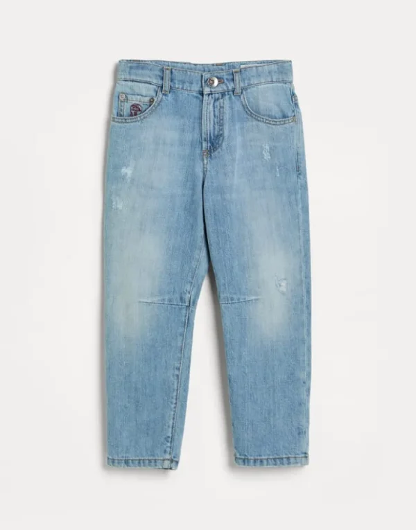 Brunello Cucinelli Five-Pocket-Hose aus leichtem Denim mit Destroyed-Rissen | Kinder Hosen