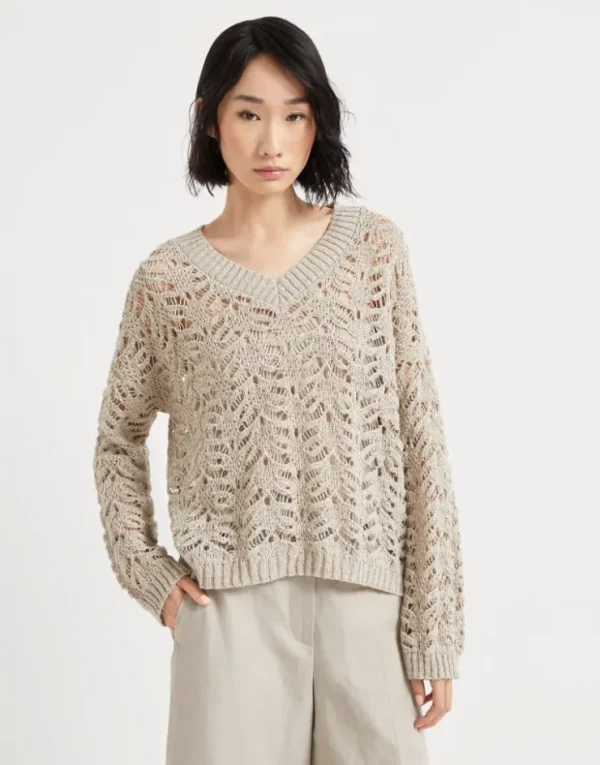 Brunello Cucinelli Foliage Lace-Pullover aus Leinen und Diamantseide | Damen Strickwaren