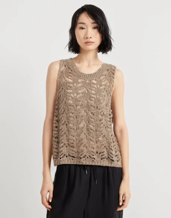 Brunello Cucinelli Foliage Lace-Stricktop aus Leinen und Diamantseide | Damen Strickwaren