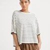 Brunello Cucinelli Gestreiftes T-Shirt aus leichtem Strick in Kaschmir und Seide | Damen Strickwaren