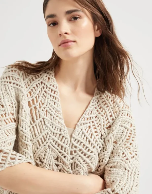 Brunello Cucinelli Handgefertigter OPERA Dazzling Macramé-Cardigan aus Seide und Leinen | Damen Event-dressing | Strickwaren