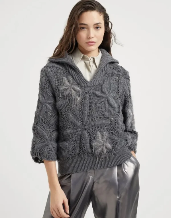 Brunello Cucinelli Handgefertigter OPERA Flower Crochet-Pullover aus Feder-Kaschmir | Damen Event-dressing | Strickwaren