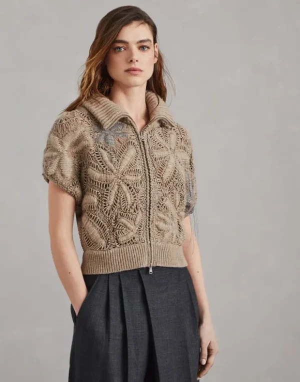 Brunello Cucinelli Handgefertigter OPERA Flower Crochet-Cardigan aus Feder-Kaschmir | Damen Strickwaren