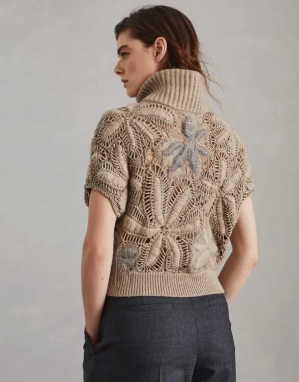 Brunello Cucinelli Handgefertigter OPERA Flower Crochet-Cardigan aus Feder-Kaschmir | Damen Strickwaren