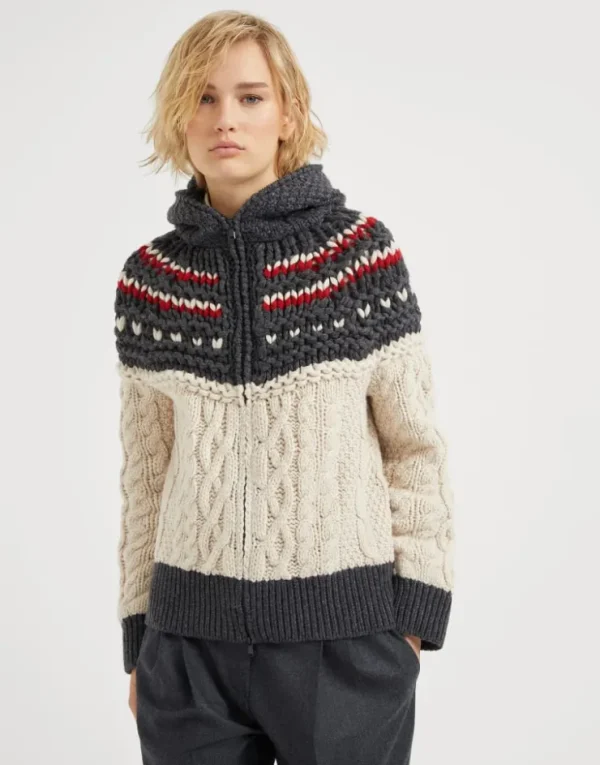 Brunello Cucinelli Handgefertigter OPERA Mountain Cables-Cardigan aus Federkaschmir mit Kapuze | Damen Strickwaren