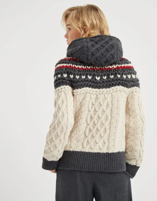 Brunello Cucinelli Handgefertigter OPERA Mountain Cables-Cardigan aus Federkaschmir mit Kapuze | Damen Strickwaren