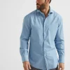 Brunello Cucinelli Hemd in Basic Fit aus Chambray in Denim-Optik mit Haifischkragen | Herren Hemden