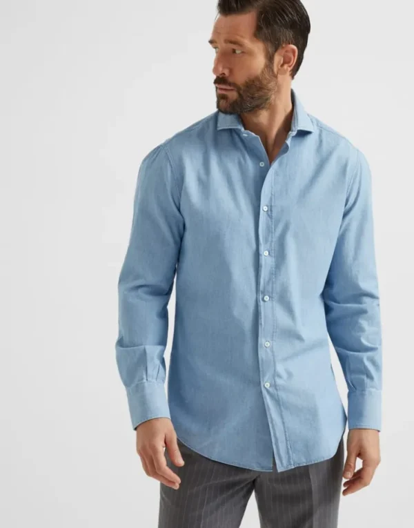 Brunello Cucinelli Hemd in Basic Fit aus Chambray in Denim-Optik mit Haifischkragen | Herren Hemden