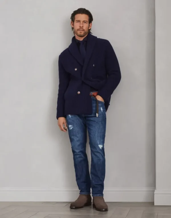 Brunello Cucinelli Hemd in Slim Fit in Fischgrat aus Stretch-Baumwollflanell mit Haifischkragen | Herren Hemden