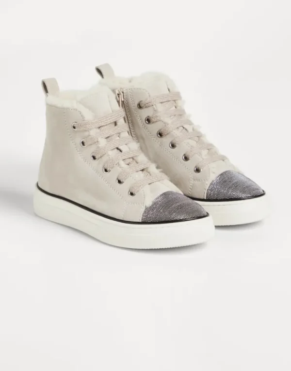 Brunello Cucinelli High-Top-Sneakers aus Veloursleder mit Futter aus Shearling und Monili | Kinder Schuhe