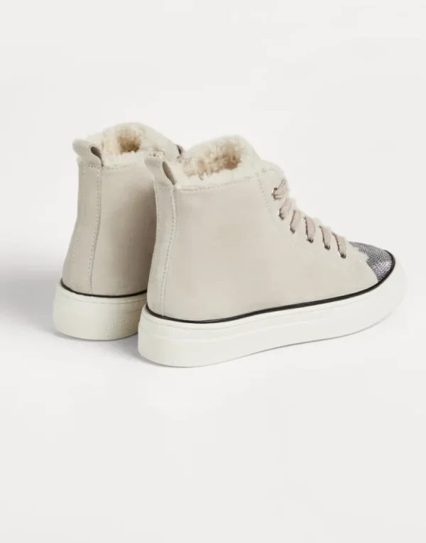 Brunello Cucinelli High-Top-Sneakers aus Veloursleder mit Futter aus Shearling und Monili | Kinder Schuhe