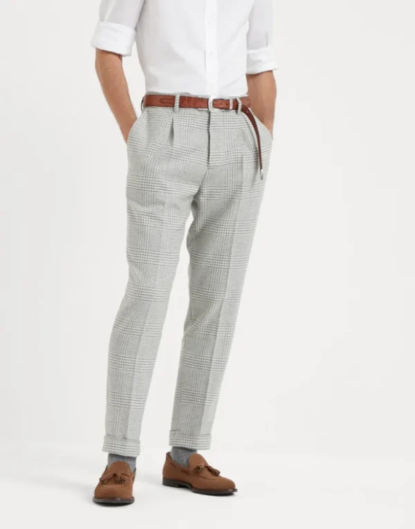 Brunello Cucinelli Hose in Leisure Fit aus Flanell in Prince-of-Wales-Karomuster aus Comfort-Wolle und -Kaschmir mit Bundfalten | Herren Hosen