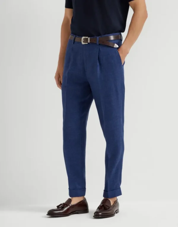 Brunello Cucinelli Hose in Leisure Fit aus Twill in Leinen, Wolle und Seide mit Bundfalten | Herren Hosen