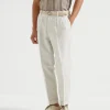 Brunello Cucinelli Hose in Leisure Fit in Prince-of-Wales-Karomuster aus Twill in Leinen, Wolle und Seide mit doppelten Bundfalten | Herren Hosen