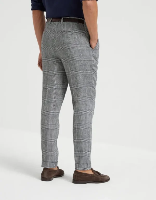 Brunello Cucinelli Hose in Leisure Fit in Prince-of-Wales-Karomuster aus Baumwolle und Leinen mit Bundfalten | Herren Hosen