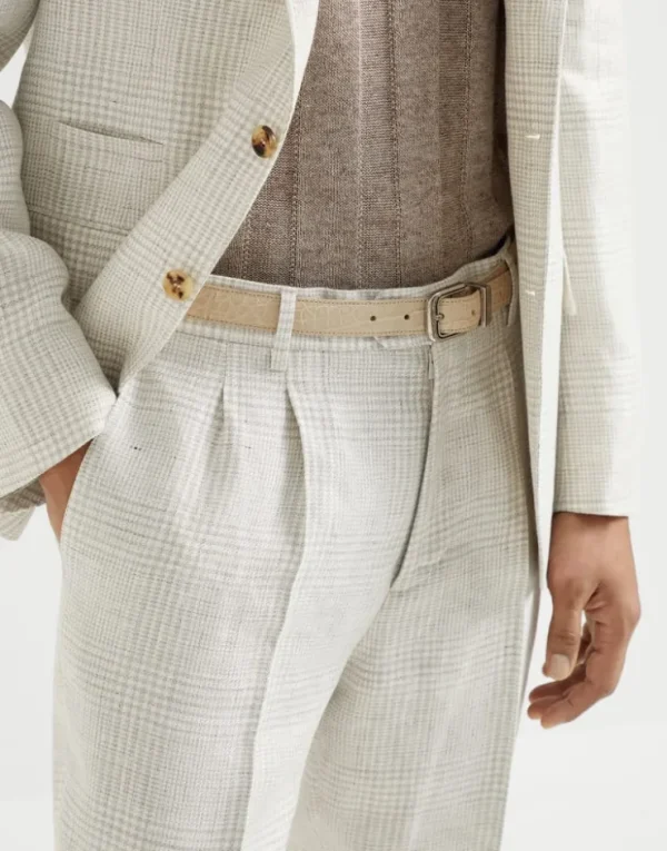 Brunello Cucinelli Hose in Leisure Fit in Prince-of-Wales-Karomuster aus Twill in Leinen, Wolle und Seide mit doppelten Bundfalten | Herren Hosen