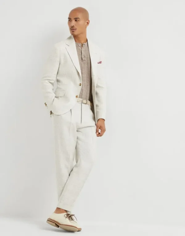 Brunello Cucinelli Hose in Leisure Fit in Prince-of-Wales-Karomuster aus Twill in Leinen, Wolle und Seide mit doppelten Bundfalten | Herren Hosen