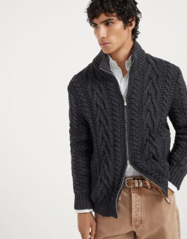 Brunello Cucinelli Irish Cable-Cardigan mit hohem Kragen aus Kaschmir | Herren Strickwaren