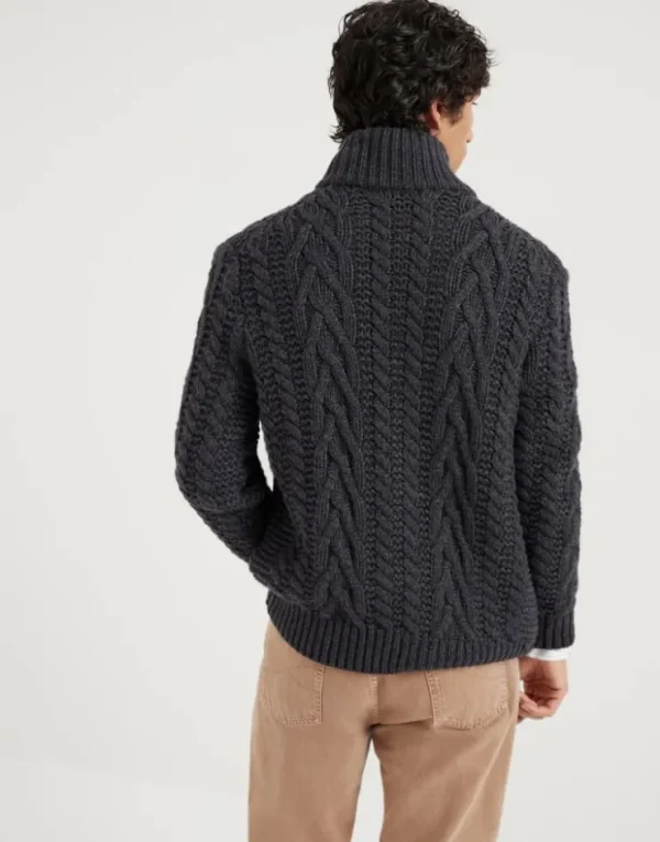 Brunello Cucinelli Irish Cable-Cardigan mit hohem Kragen aus Kaschmir | Herren Strickwaren