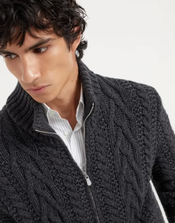 Brunello Cucinelli Irish Cable-Cardigan mit hohem Kragen aus Kaschmir | Herren Strickwaren