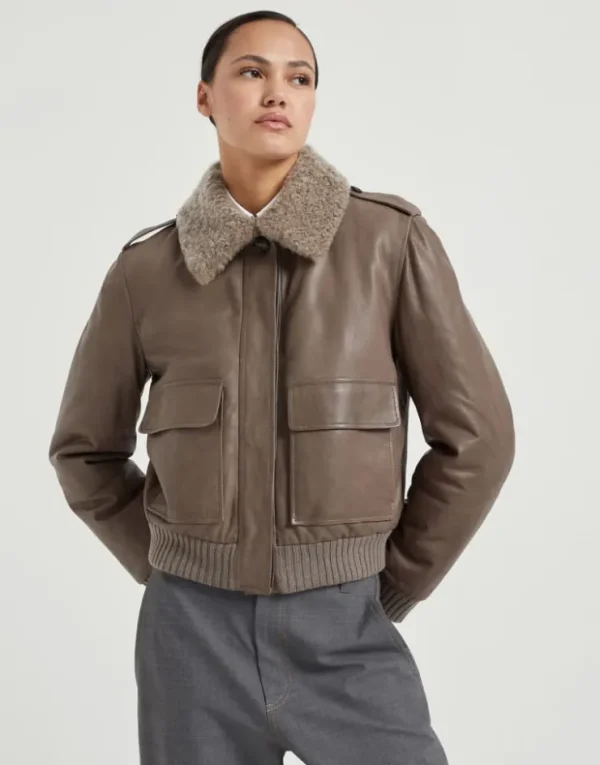 Brunello Cucinelli Jacke aus Country-Nappaleder mit Wattierung, abnehmbarem Shearling-Kragen und Monili | Damen Mäntel & Jacken