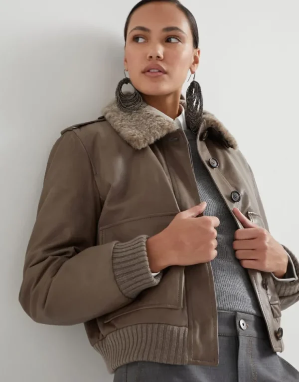 Brunello Cucinelli Jacke aus Country-Nappaleder mit Wattierung, abnehmbarem Shearling-Kragen und Monili | Damen Mäntel & Jacken