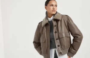 Brunello Cucinelli Jacke aus Country-Nappaleder mit Wattierung, abnehmbarem Shearling-Kragen und Monili | Damen Mäntel & Jacken