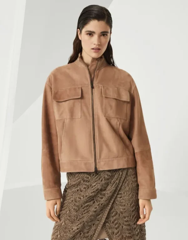 Brunello Cucinelli Jacke aus Couture-Veloursleder mit Monili | Damen Mäntel & Jacken